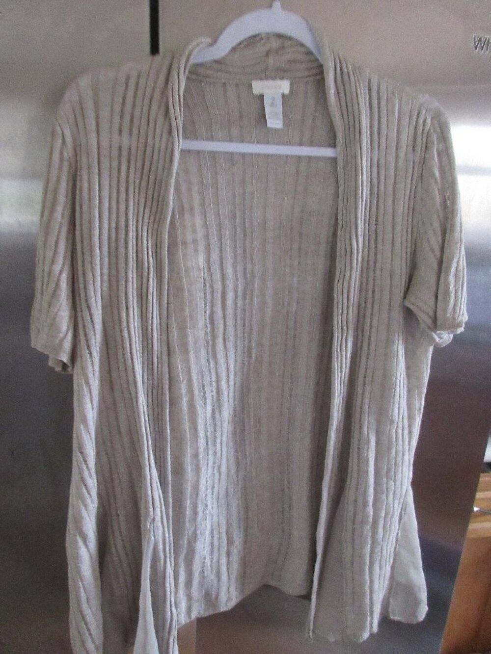 Chico's Open-Front Beige light knit taupe cardigan m l 2 linen blend